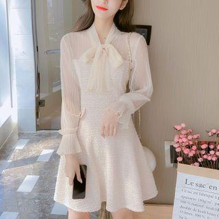 Tie-neck Mesh-sleeve Fringed A-line Dress