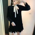 Color-block Frilled Long-sleeve Loose-fit Dress As Figure - One Size