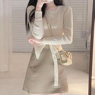 Asymmetrical Cardigan / Faux Leather Mini A-line Skirt