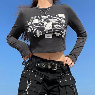 Eye Print Long-sleeve Crop Top