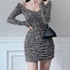Leopard Print Boatneck Long-sleeve Mini Sheath Dress