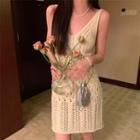 Sleeveless V-neck Pointelle Knit Dress Almond - One Size