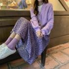 Long-sleeve Cable Knit Cardigan / High-waist Floral Skirt