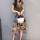 Set: Short-sleeve Top + Floral Print Midi Skirt