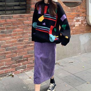 Jacquard Sweater / Corduroy Midi Shift Skirt