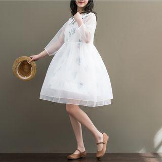 Set: Spaghetti Strap Floral Mini Dress + 3/4-sleeve Organza Dress