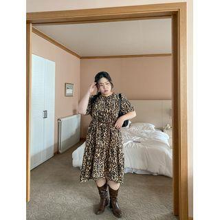 Plus Size Puff-sleeve Tired Leopard Dress