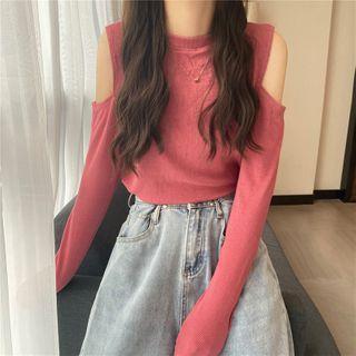 Cold-shoulder Long-sleeve Plain T-shirt