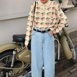 Long-sleeve Floral Knit Polo Shirt