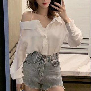 Asymmetric Cold-shoulder Long-sleeve Blouse