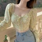 Long-sleeve Off-shoulder Floral Print Crop Top