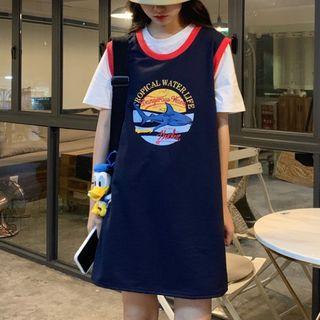 Mock Two-piece Short-sleeve Printed Mini Dress
