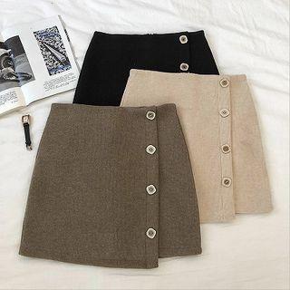 Single-breasted Asymmetric Woolen High-waist A-line Skirt