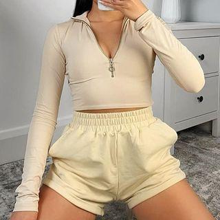 Mock-neck Half-zip Cropped Top