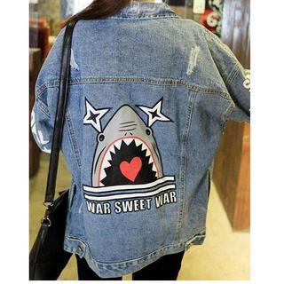 Distressed Shark Print Denim Jacket