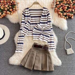 Set: Striped Cardigan + Strapless Top + Mini Pleated Skirt