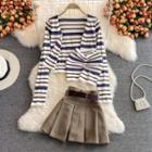 Set: Striped Cardigan + Strapless Top + Mini Pleated Skirt