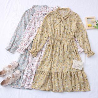 Ribbon-neckline Floral Midi Dress