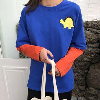 Long-sleeve Dinosaur Print Mock Two-piece T-shirt