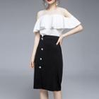 Set: Short-sleeve Cold Shoulder Top + Midi Fitted Skirt