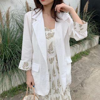 Open Front Blazer / Leaf Print Spaghetti Strap Midi Shift Dress / Set