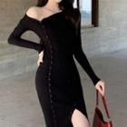 Long-sleeve Asymmetrical Button-up Knit Sheath Dress Black - One Size