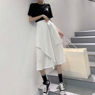 Set: Printed Short-sleeve T-shirt + High Waist Midi A-line Skirt Top & Bottom - One Size