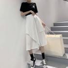Set: Printed Short-sleeve T-shirt + High Waist Midi A-line Skirt Top & Bottom - One Size
