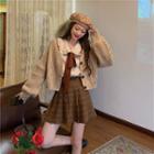 Plain Long-sleeve Cable-knit Cardigan / Color-block Peter-pan Collar Shirt / High-waist Skirt