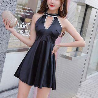 Embellished A-line Mini Halter Dress