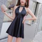 Embellished A-line Mini Halter Dress