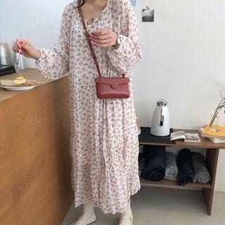 Set: Floral Long-sleeve Midi Chiffon Dress + Slipdress