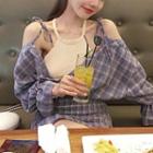 Cut-out Shoulder Plaid V-neck Dress