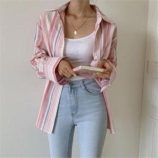 Striped Linen Blend Shirt Pink - One Size