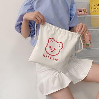 Bear Print Drawstring Bucket Bag Bear - White - One Size