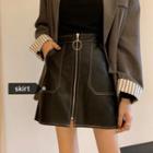 Faux Leather Zip-up A-line Mini Skirt