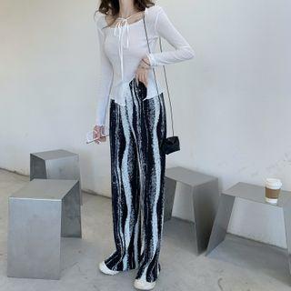 Long-sleeve Tie-front Top / Print Wide Leg Pants