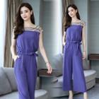 Set: Bow Detail Short-sleeve Top + High Waist Wide-leg Pants