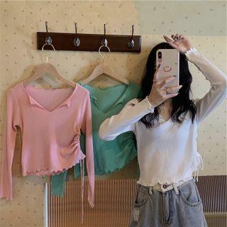 Drawstring Lettuce Edge Knit Crop Top