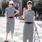 Set: Short-sleeve Striped T-shirt + Midi Fitted Skirt