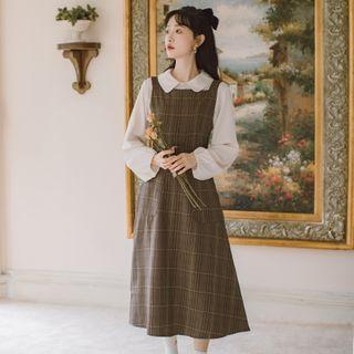 Long-sleeve Shirt / Plaid Midi A-line Pinafore Dress / Set
