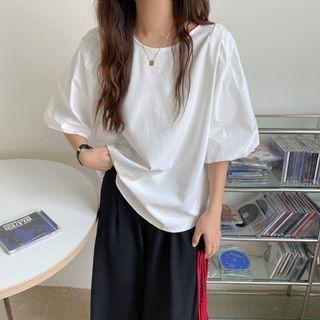 Puff-sleeve Round-neck Plain Top White - One Size