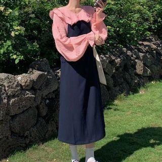 Ruffled Bell-sleeve Blouse / Midi A-line Pinafore Dress