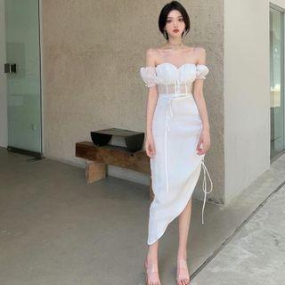 Off-shoulder Asymmetrical Drawstring Sheath Dress