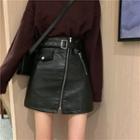 Front-zip Faux Leather Mini A-line Skirt