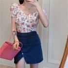 Floral Puff-sleeve Cropped Blouse White - One Size