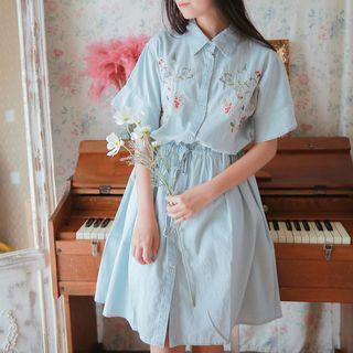 Flower Embroidered Short Sleeve Collared Dress