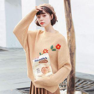 Floral Embroidered Sweater Khaki - One Size