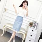 Set: Eyelet Lace 3/4-sleeve Blouse + Chiffon Panel Straight-fit Skirt