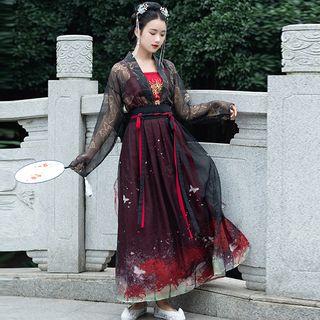 Hanfu Set: Long-sleeve Top + Embroidered Camisole + Maxi Skirt